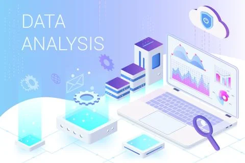 Data analysis isometric web banner vector template Illustrazione stock