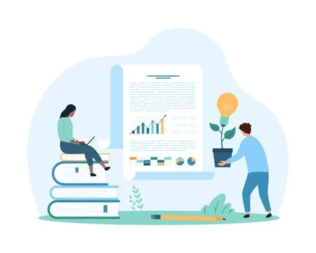 Data analysis, knowledge, methods and ideas for office document research by tiny Illustrazione stock