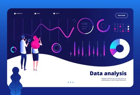 Data analysis landing. Big data digital center interactive statistics engine Illustrazione stock