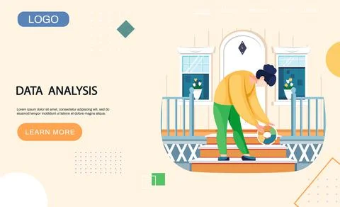 Data analysis landing page template woman holding pie chart statistic indicator Stock Illustration