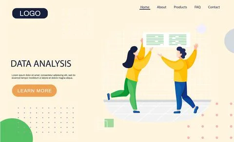 Data analysis landing page template with business people holding board with text Stock Illustration