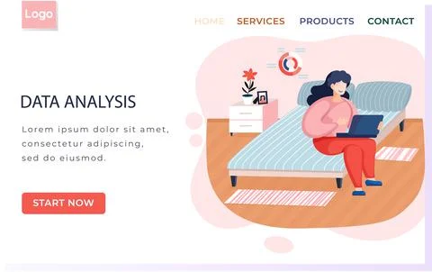 Data analysis landing page template with young woman with laptop sitting on bed Ilustración de archivo