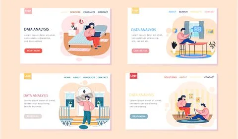 Data analysis landing page template set with business researchers people with Ilustração Stock