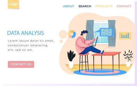 Data analysis landing page template with man sitting at table with laptop Stock Illustration