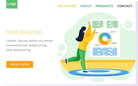 Data analysis landing page template with businesswoman giving presentation Illustrazione stock