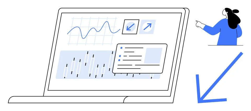 Data Analysis on Laptop Screen with Graphs and Woman Pointing at an Arrow Stock Illustration