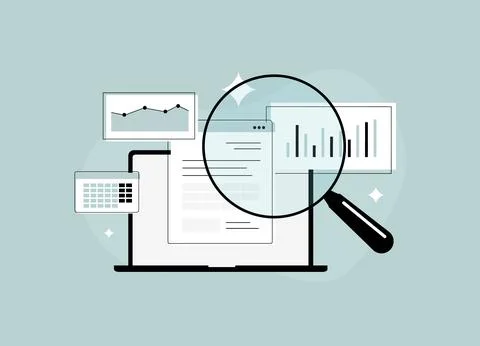 Data analysis on laptop screen with magnifying glass, charts and performance イラスト素材