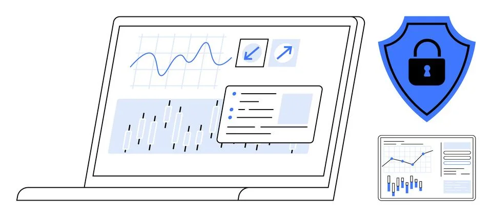 Data Analysis on Laptop Screen with Security Badge and Visualization Details 스톡 일러스트