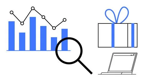 Data analysis magnifying glass with bar and line chart, gift box with ribbo.. 스톡 일러스트