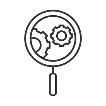 Data analysis, magnifying glass gear engine optimization line icon Stock Illustration