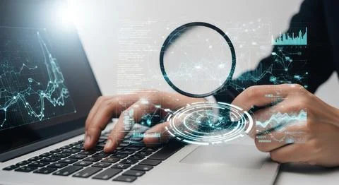 Data analysis magnifying glass over laptop keyboard exploring digital infor.. Stock-Illustration