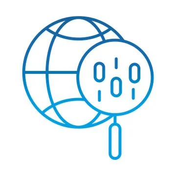Data analysis, magnifying glass world social management, gradient blue line icon Stock Illustration
