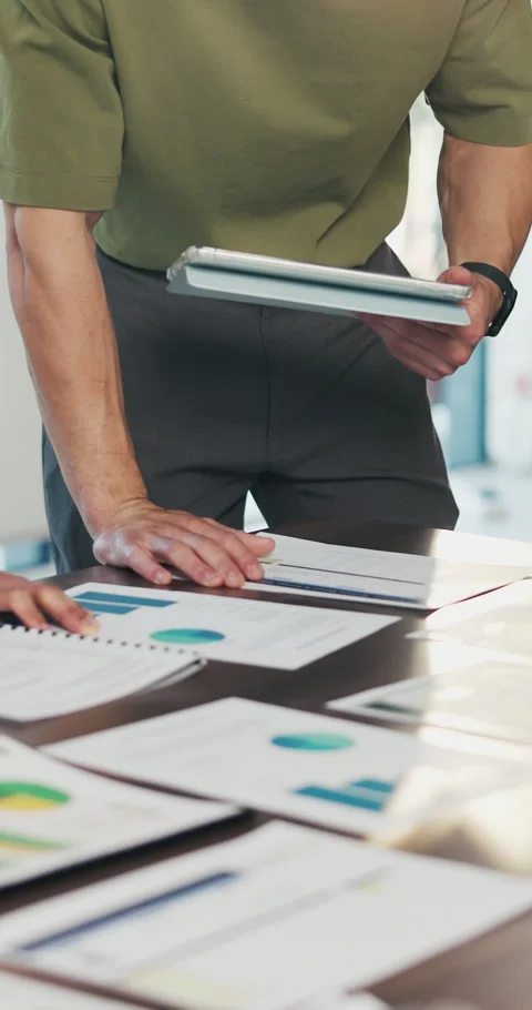 Data analysis, meeting or hands with tablet with paper, teamwork or budget Stock Footage 335271886