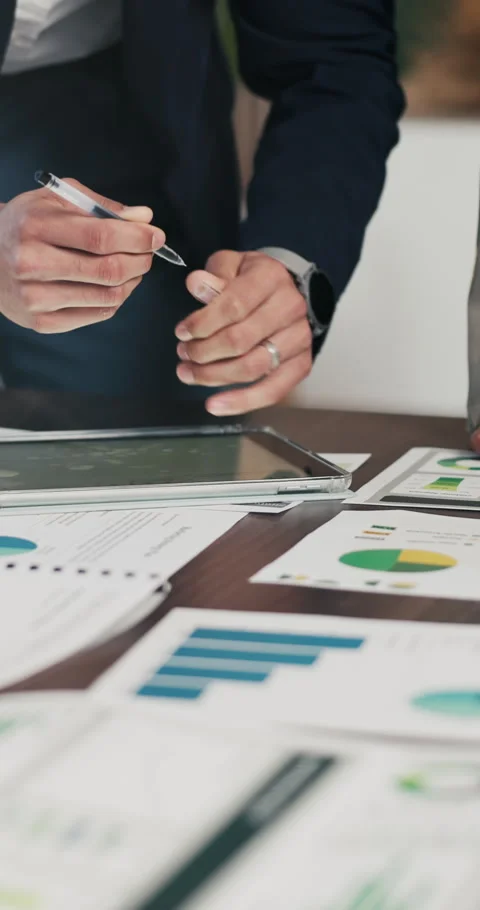 Data analysis, meeting or hands in firm with paper, discussion or budget Stock Footage 335281681
