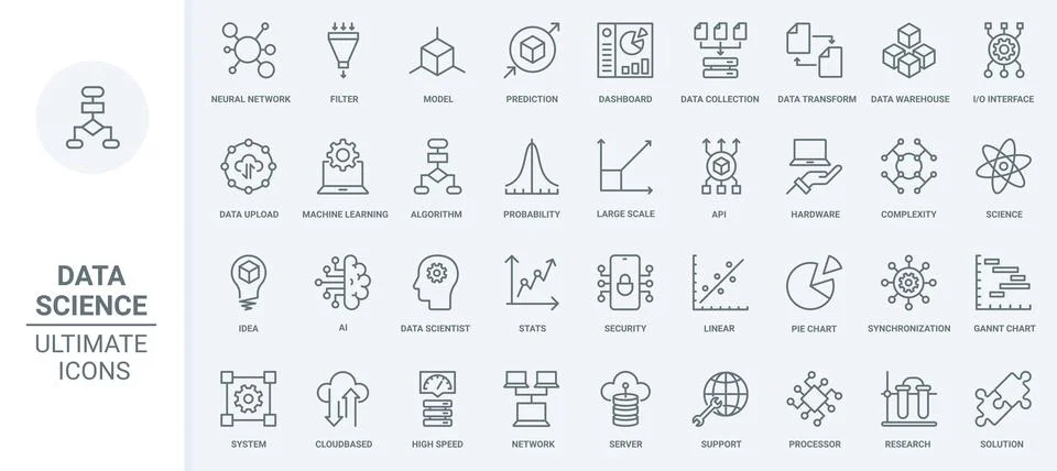 Data analysis, neural network innovation and science thin line icons set イラスト素材