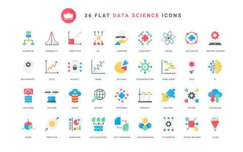 Data analysis, neural network innovation and science trendy flat icons set Stock Illustration