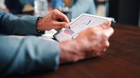 Data analysis, online and hands with tablet screen in office, performance r.. Stock Photos