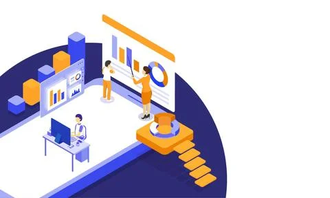 Data analysis or management  Responsive web template design with isometric .. Stock Illustration