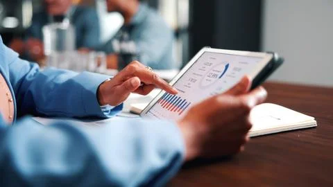 Data analysis, point and hands with tablet screen in office, performance re.. Stock Photos