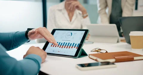 Data analysis, presentation and hands with tablet screen in office, discussion Stock Footage 335454680