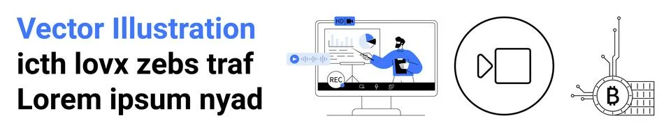 Data Analysis Presentation with Blockchain, Video Icon, and Digital Charts Stock Illustration