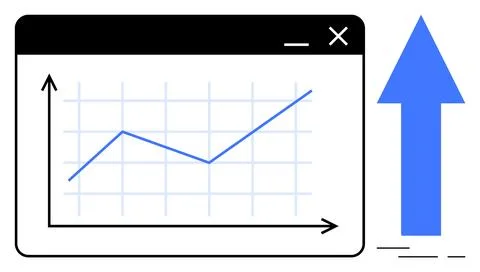 Data Analysis Process with Growth Trend on Screen and Blue Upward Arrow Illustrazione stock
