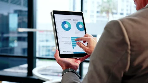 Data analysis, research and hands with tablet screen in office, performance Stock Footage 346869175