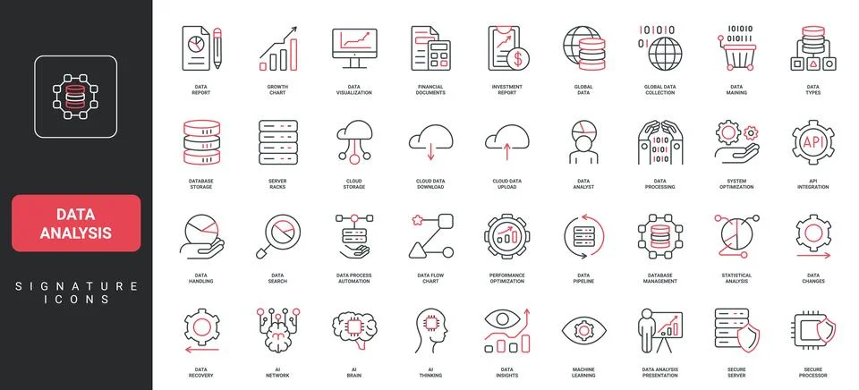 Data analysis, research process automation with AI, secure cloud services line Stock Illustration