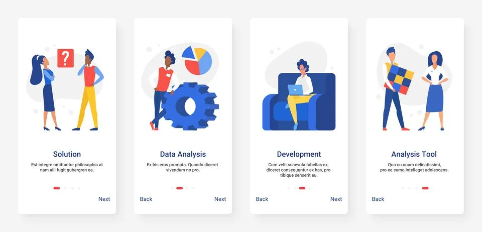 Data analysis research technology, solution, business development mobile app set Illustrazione stock