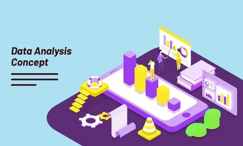 Data Analysis responsive web template design with isometric bar graph on sm.. Illustrazione stock