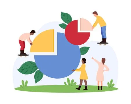 Data analysis, science and marketing research results in pie charts and tiny Stock Illustration