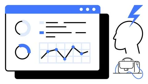 Data analysis screen with pie charts, line graph, and bullet points. Human he Illustrazione stock