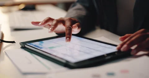 Data analysis, scroll and hands of woman with tablet, business plan and checking Stock Footage 293896473