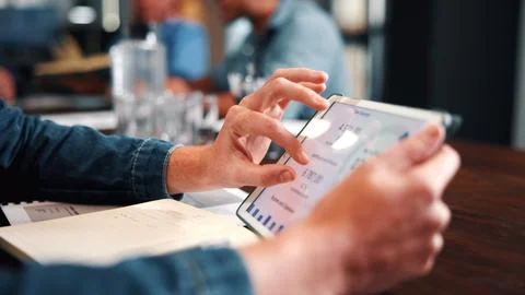 Data analysis, scroll and hands with tablet screen in office, performance r.. Stock Photos