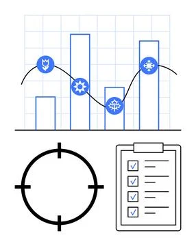 Data Analysis with Seasonal Bar Chart, Checklist, and Target Icon 스톡 일러스트