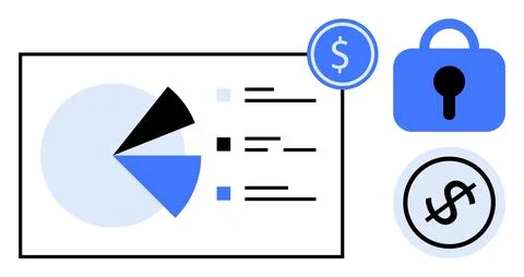 Data Analysis with Secure Financial Transactions and Security Lock Illustrazione stock