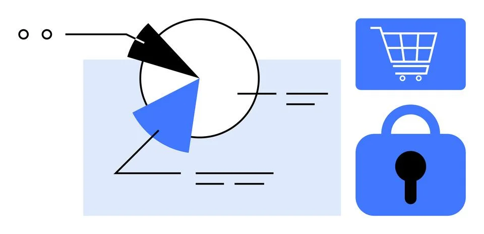 Data Analysis, Security, and E-commerce Represented by Charts, Lock, and Sh.. Illustrazione stock