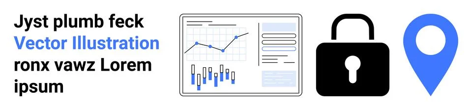 Data Analysis, Security, and Geolocation Concept with Chart and Lock Icons Illustrazione stock
