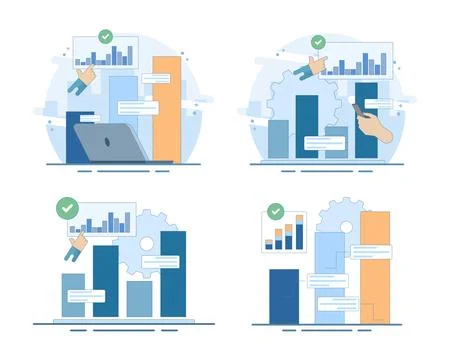 Data analysis set featuring graphs, diagrams, financial data. Stock-Illustration