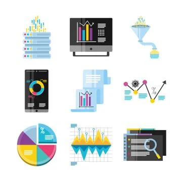 Data analysis, set icons include server funnel chart mobile and computer Stock-Illustration