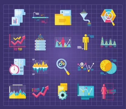 Data analysis, set icons planning presentation report charts file detailed Stock Illustration