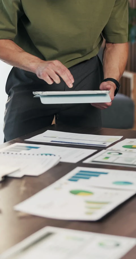 Data analysis, tablet or hands in office with paper, planning or budget strategy Stock Footage 335284927