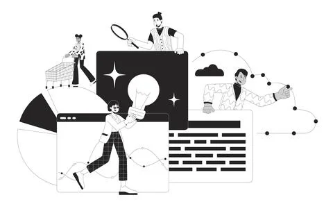 Data analysis team black and white 2D illustration concept Illustrazione stock