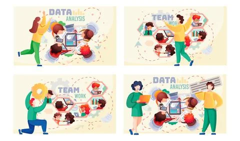Data analysis, teamwork set of four scenes. Business meeting, consideration of Illustrazione stock