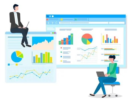 Data analysis teamwork, statistical analytics work with indicators, market Stock Illustration