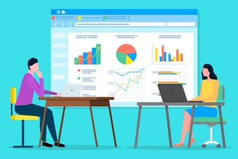 Data analysis teamwork, statistical analytics work with indicators, market Stock Illustration