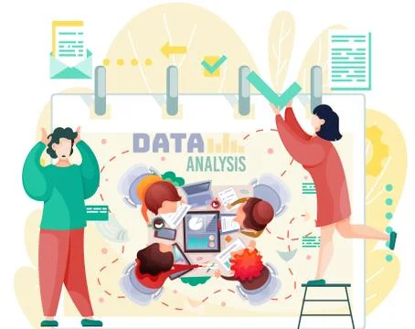 Data analysis teamwork. A team of analysts holds a meeting and develops a Illustrazione stock