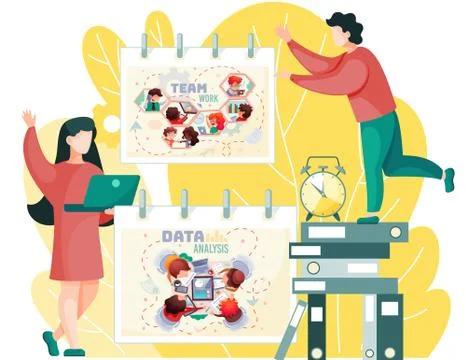 Data analysis teamwork. A team of analysts holds a meeting and develops a Illustrazione stock