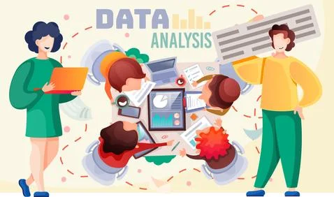 Data analysis teamwork. A team of analysts holds a meeting and develops a Stock Illustration