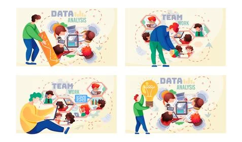 Data analysis teamwork. A team of analysts holds a meeting, develops a marketing Stock Illustration
